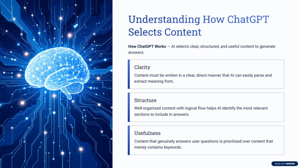 ChatGPT content selection process diagram showing relevance, context, and structured data
