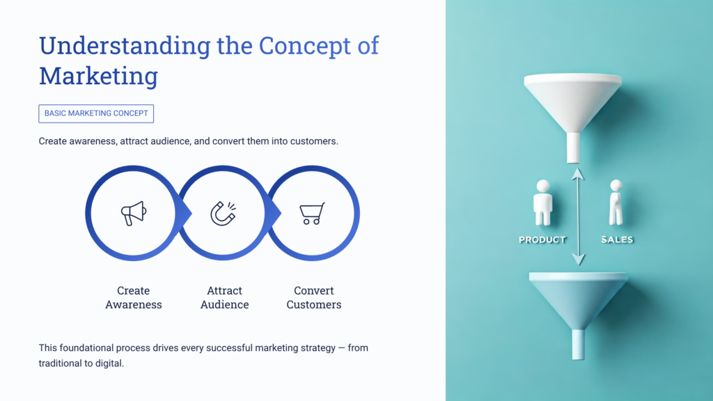 basic marketing concept showing product promotion and customer targeting process