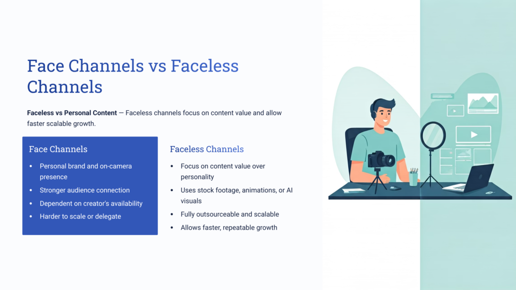 comparison between face channel and faceless YouTube channel content styles