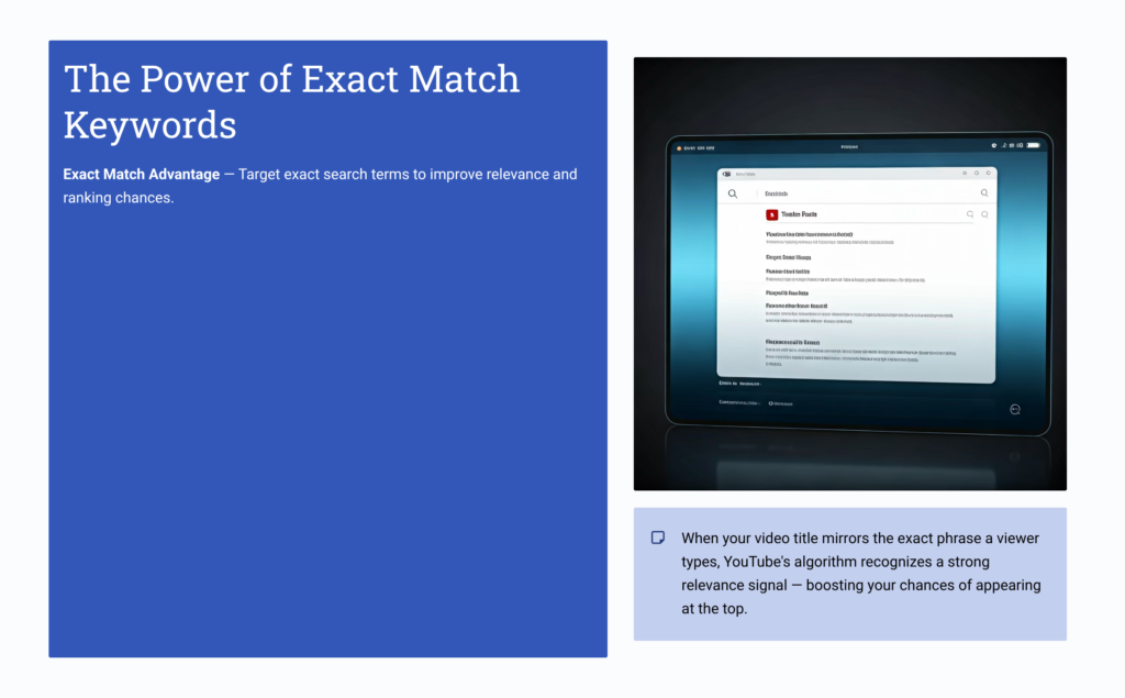 Example of exact match keyword in YouTube search improving video ranking position