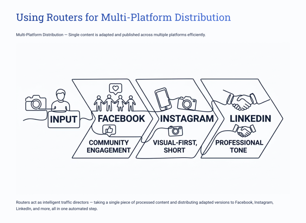 router workflow splitting content to multiple social media platforms