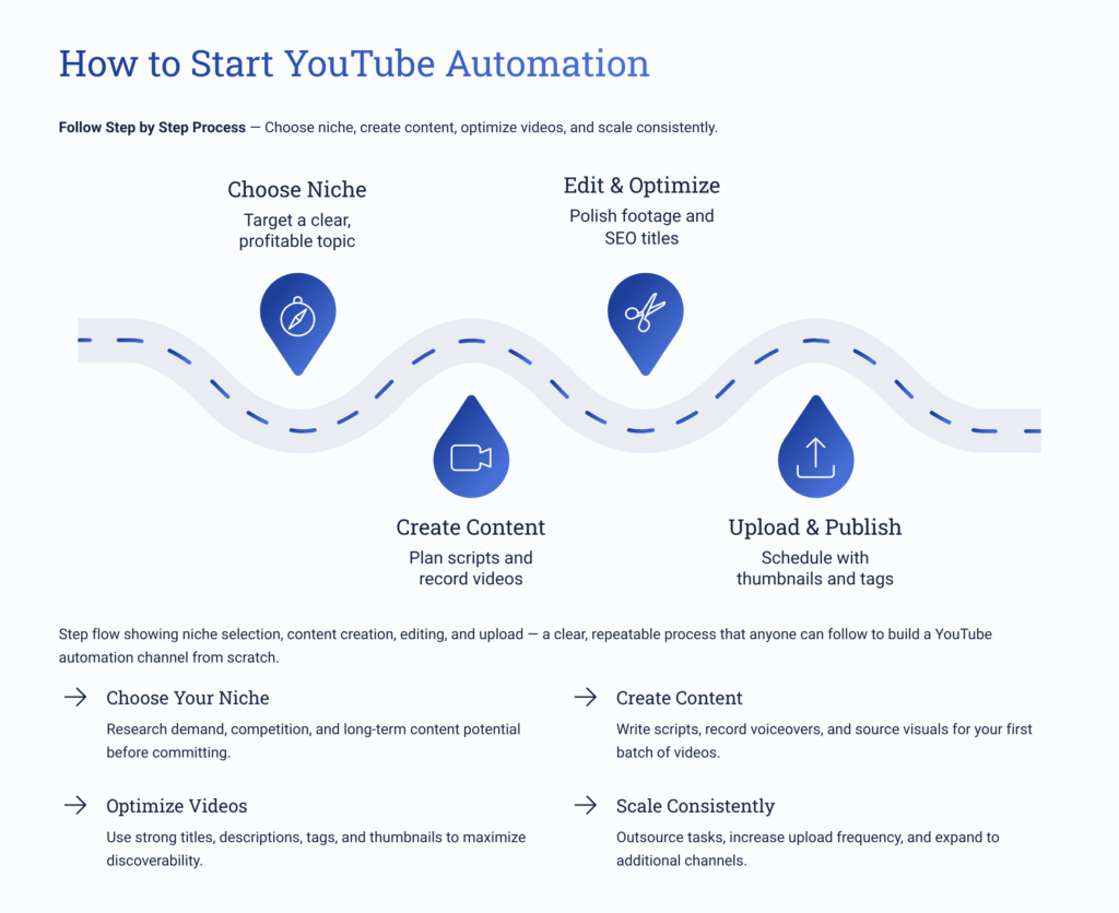 step by step process to start YouTube automation channel workflow
