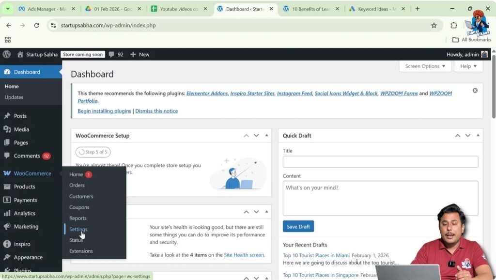 Accessing WooCommerce settings in WordPress dashboard to configure online store options