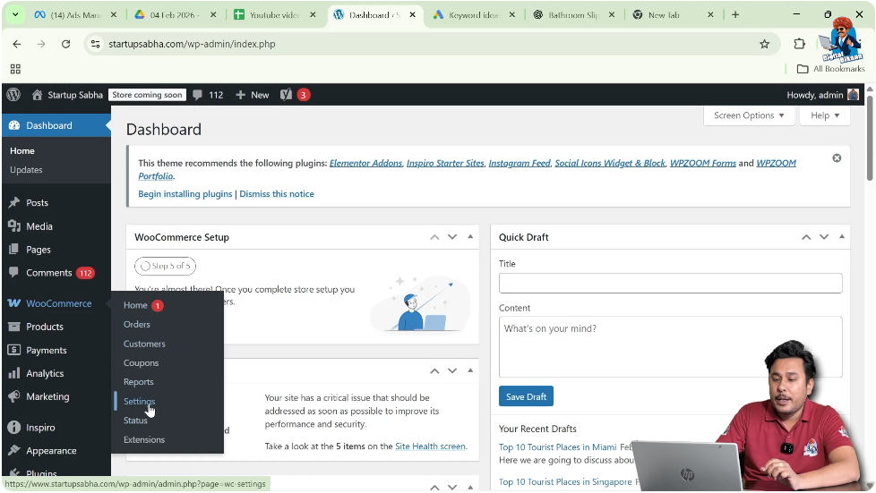 WordPress admin dashboard with WooCommerce settings option highlighted