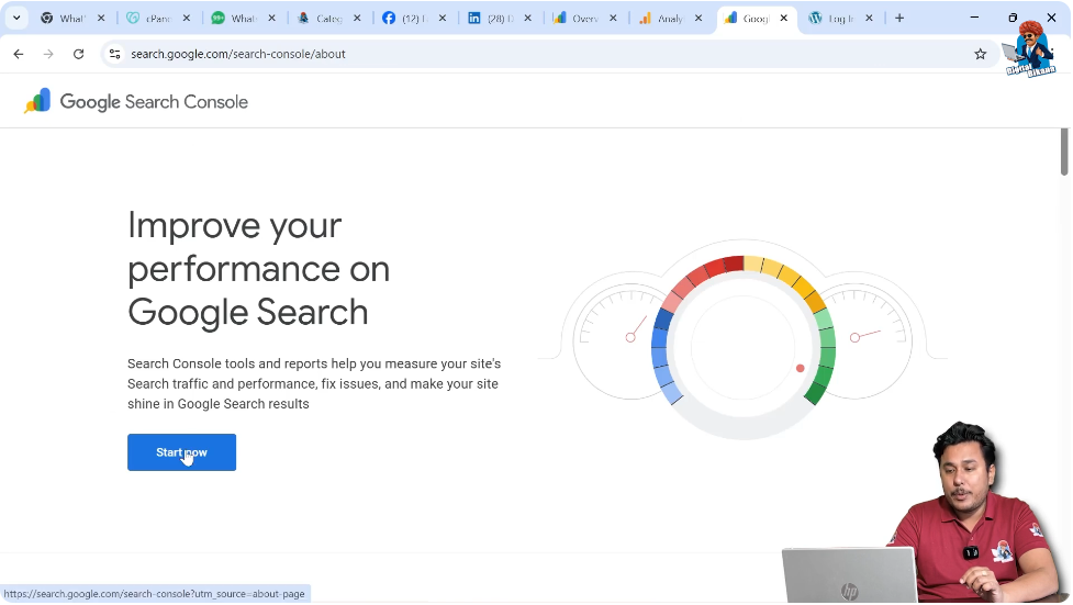 Google Search Console start now page after Google account login