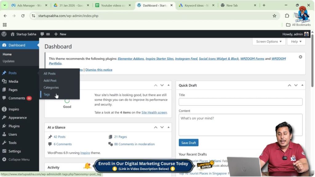 Accessing WordPress posts section to edit blog posts from admin dashboard
