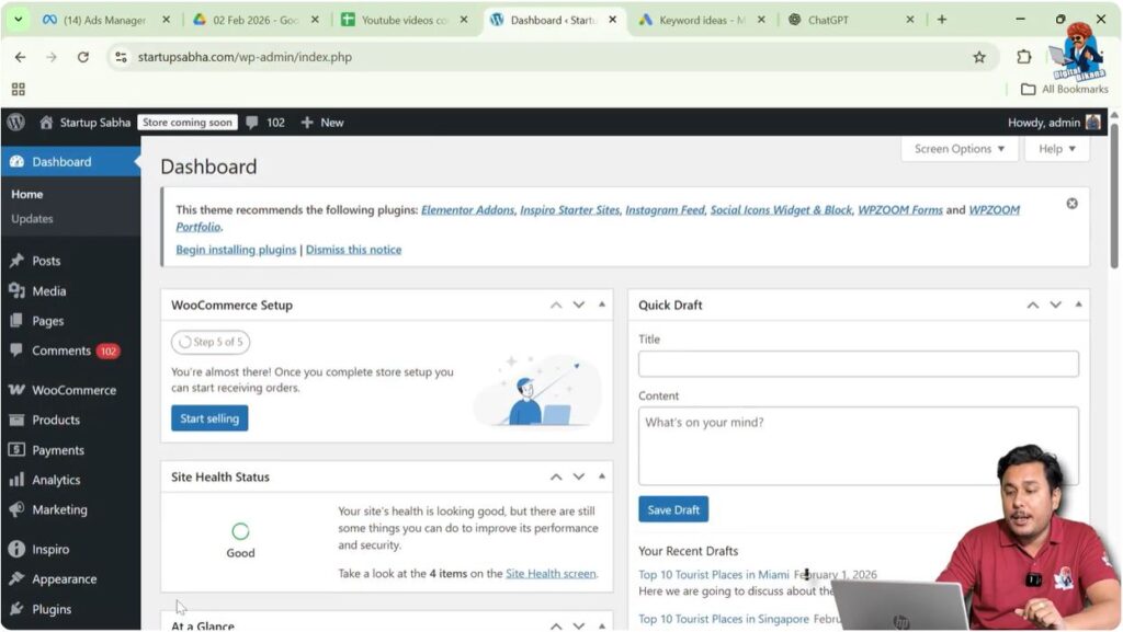 WordPress admin dashboard showing left sidebar menu options
