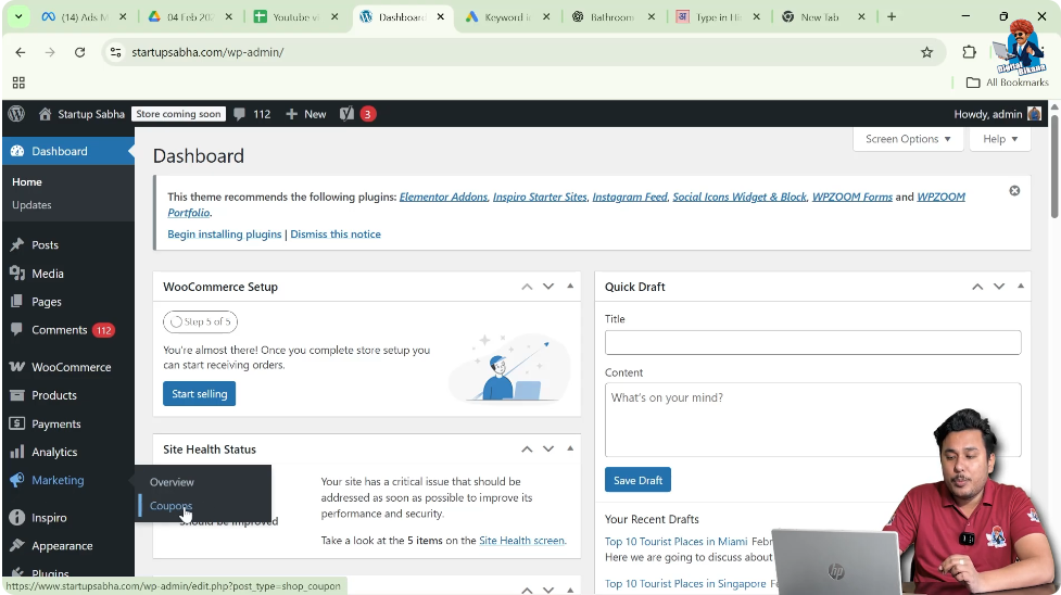 WordPress admin dashboard with Marketing and Coupons option visible