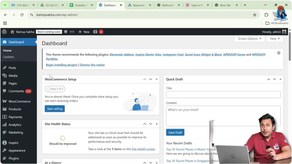 WordPress admin dashboard with Products menu highlighted