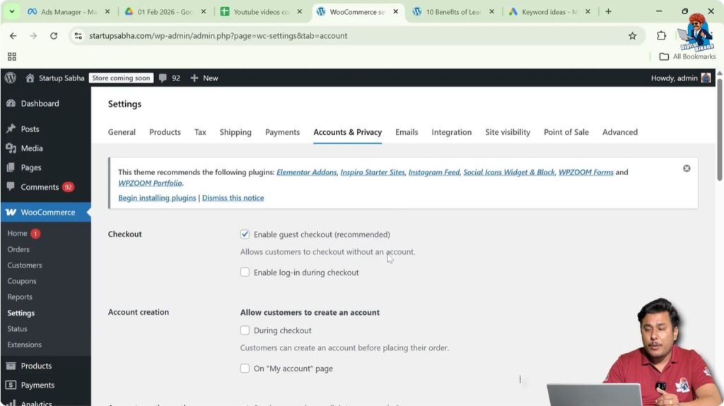 WooCommerce accounts and privacy settings for guest checkout and customer data control