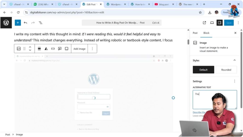 Entering alt text for image in WordPress post settings