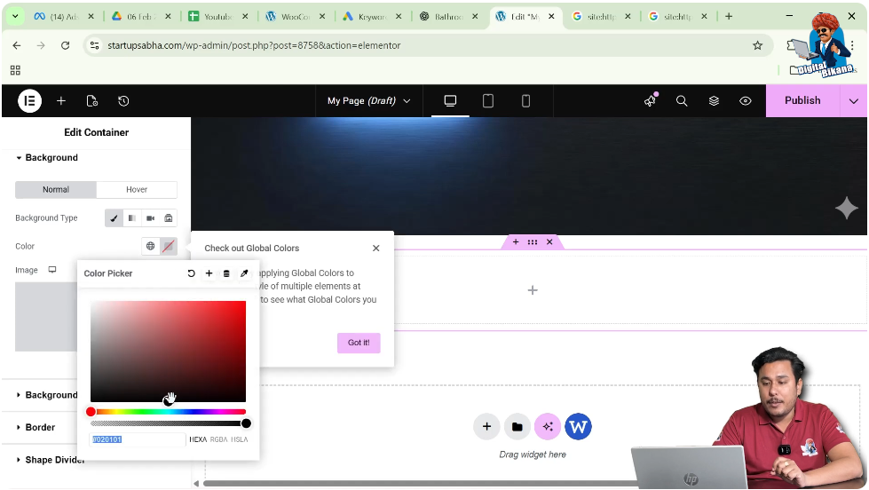 Changing container background color using Elementor color palette