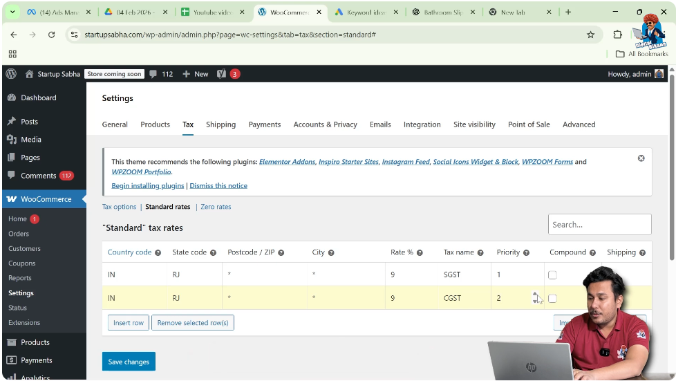 WooCommerce standard tax rates table with insert row option