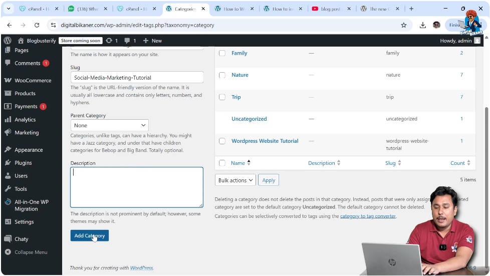 Add category button in WordPress categories section