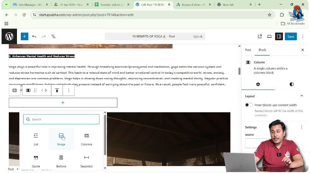 Adding image inside first column block in WordPress