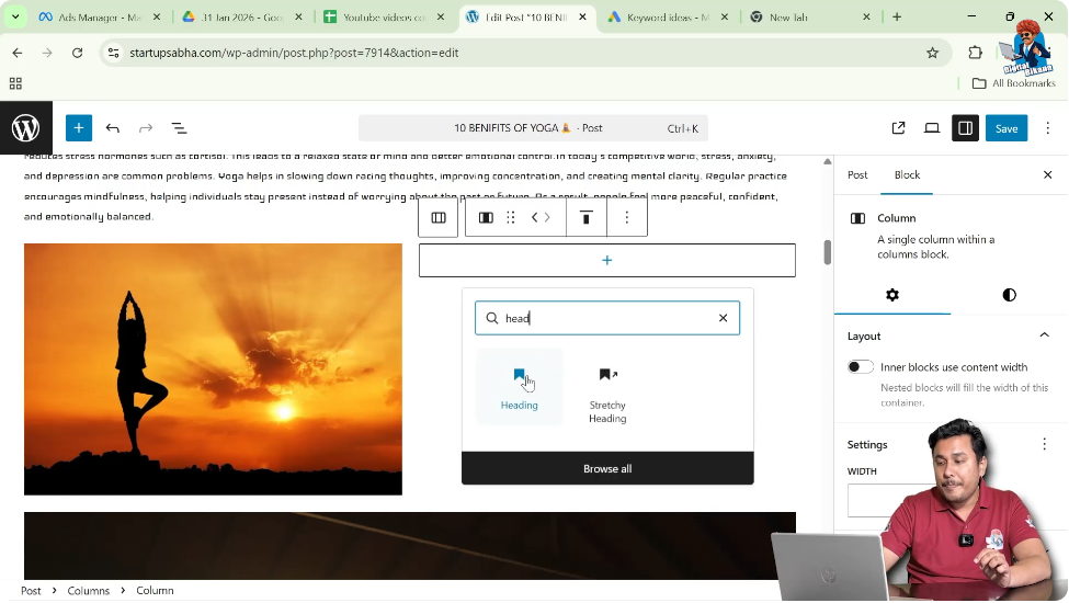 Adding heading and text inside second column in WordPress