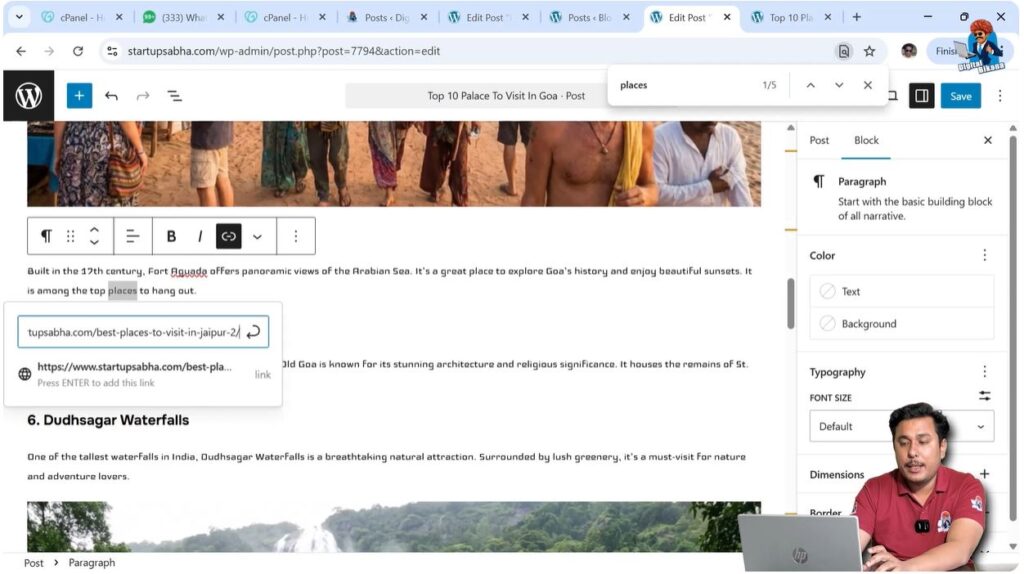 Adding internal hyperlink using selected anchor text in WordPress editor