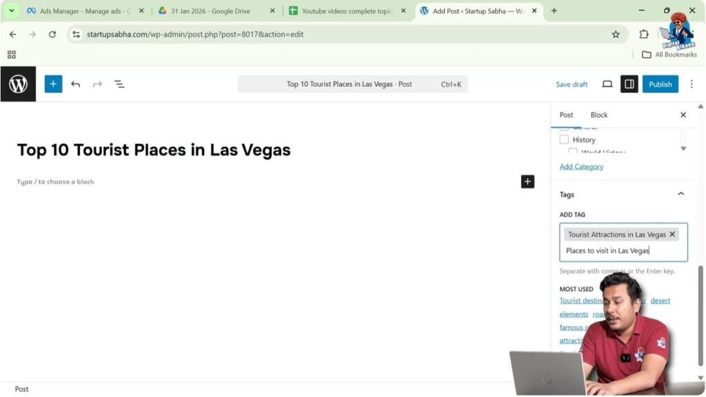 Adding multiple tags in WordPress blog post example