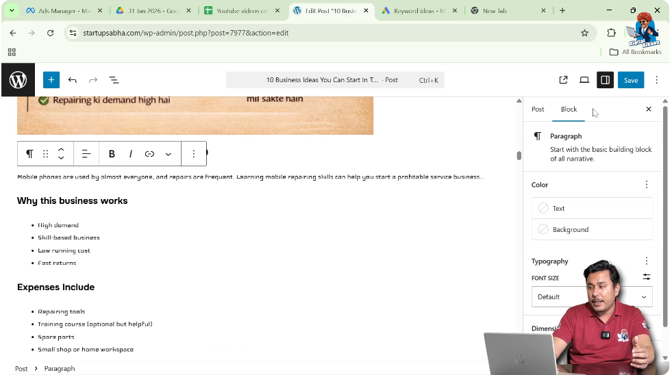 Adding new paragraph and subheading in WordPress blog post editor
