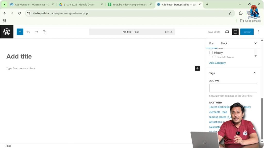 Adding tags in WordPress blog post settings section