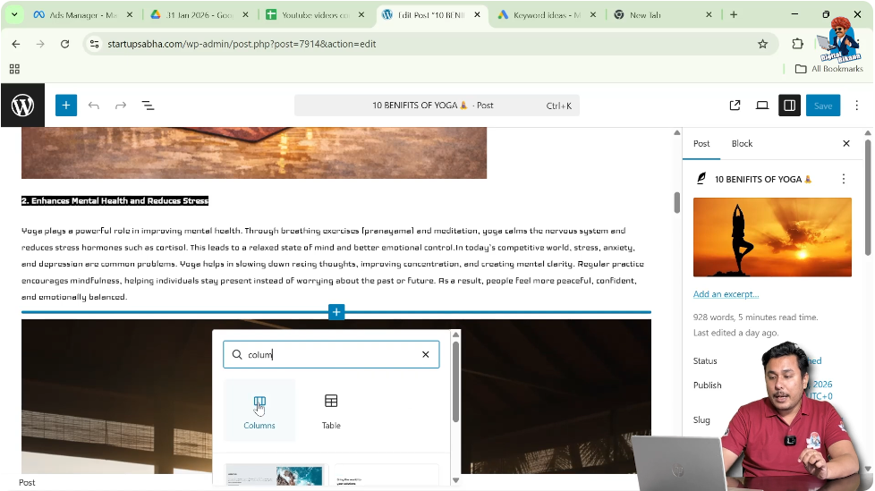 Adding columns block in WordPress editor using plus icon