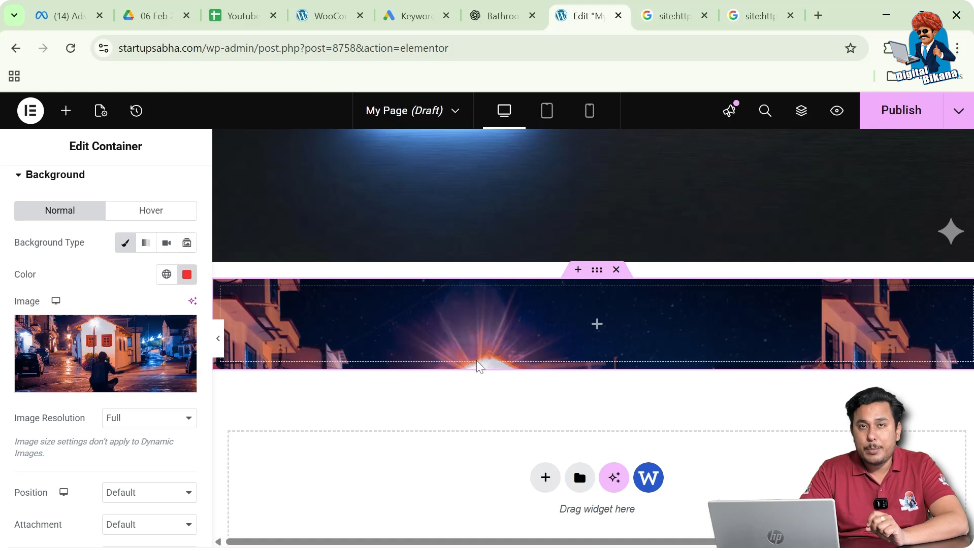 Adjusting background image display settings in Elementor container