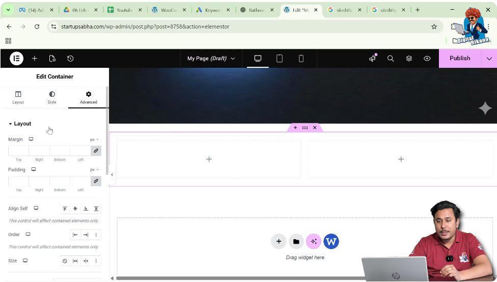 Advanced container settings in Elementor including motion effects responsive and custom CSS
