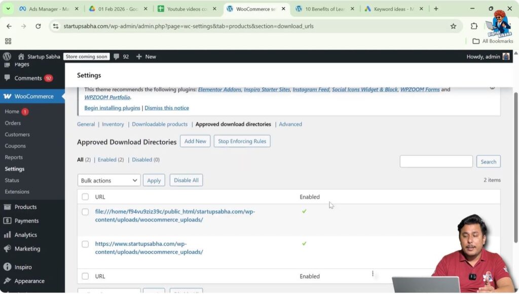 WooCommerce approved download directories settings for digital product storage paths