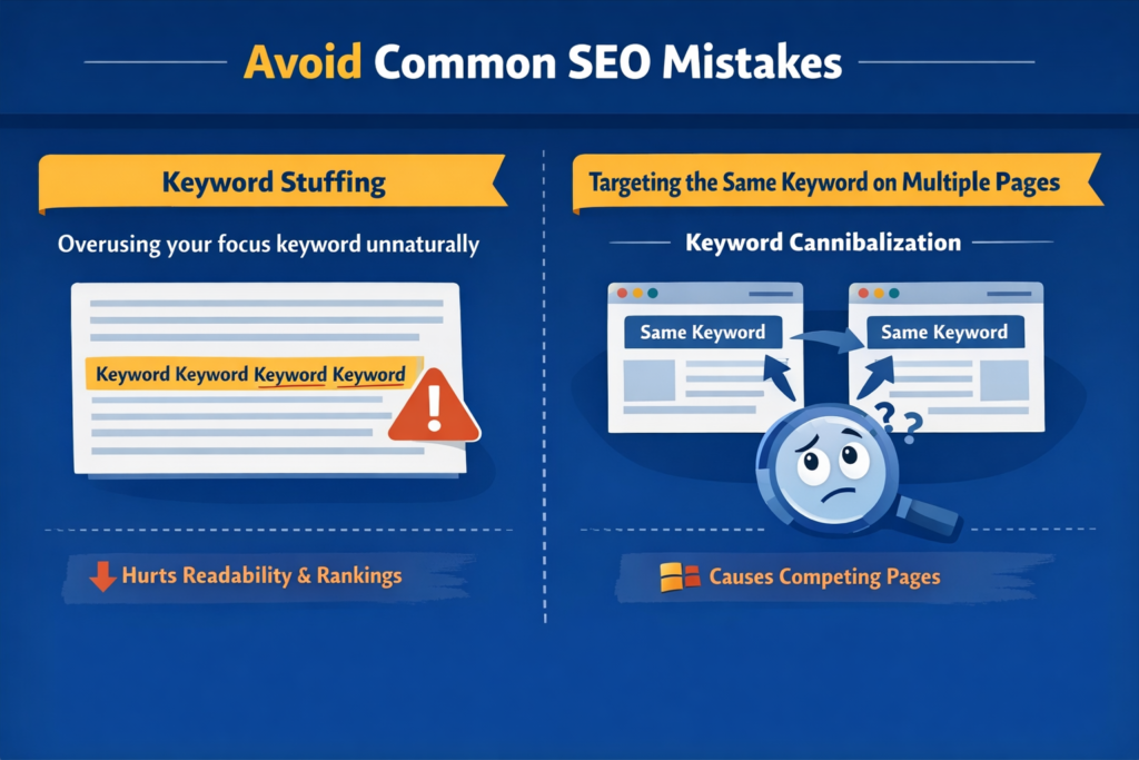 SEO warning graphic showing keyword stuffing and duplicate keyword issues