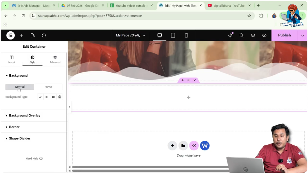 Background settings panel in Elementor container style options
