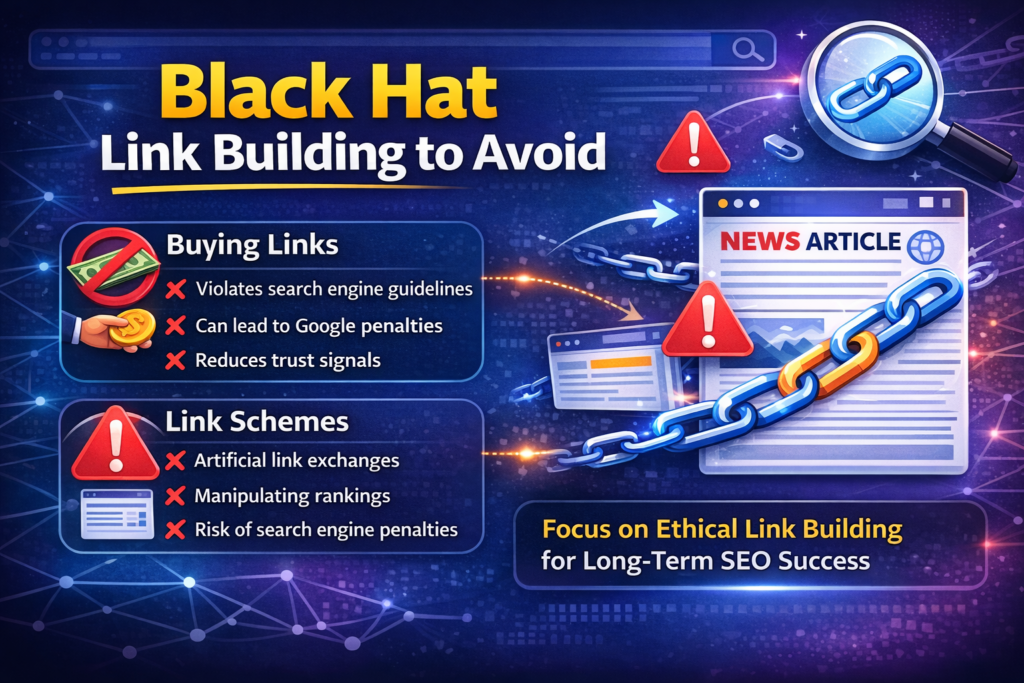 Black hat Link Building Strategies warning showing link schemes and paid links