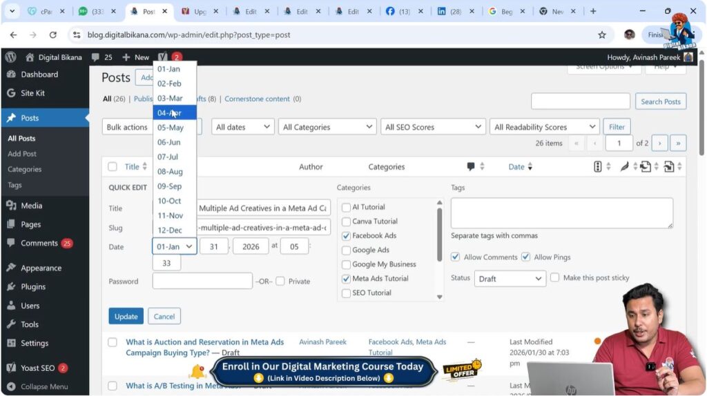 Editing publish date and time using Quick Edit in WordPress