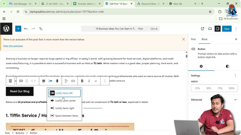 Changing button alignment using justify options