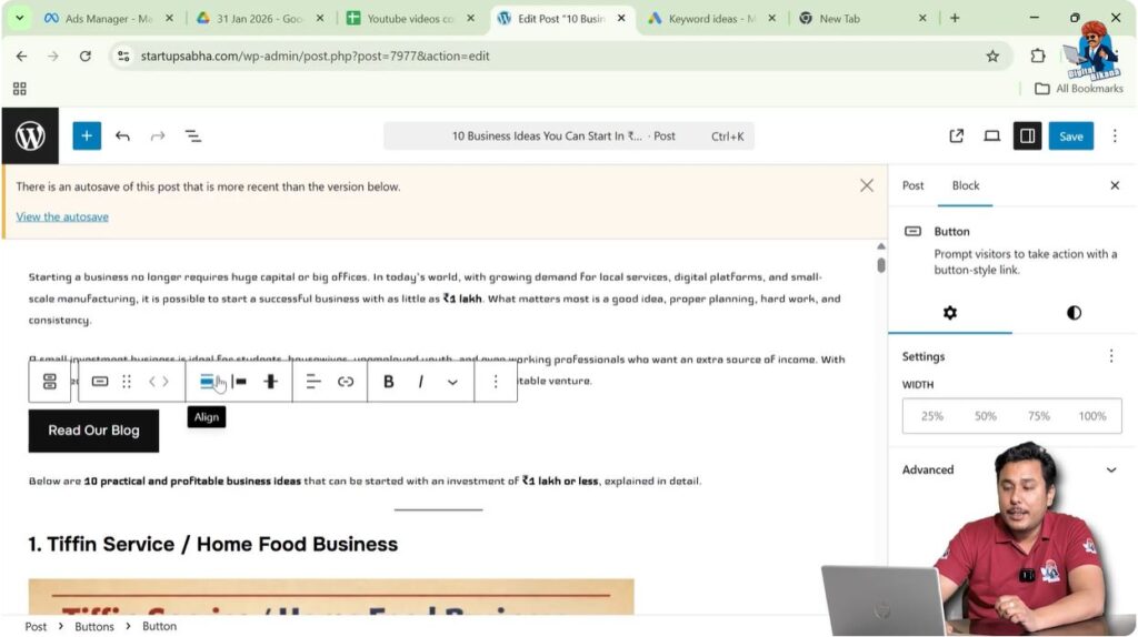 Changing button alignment using justify options in WordPress editor