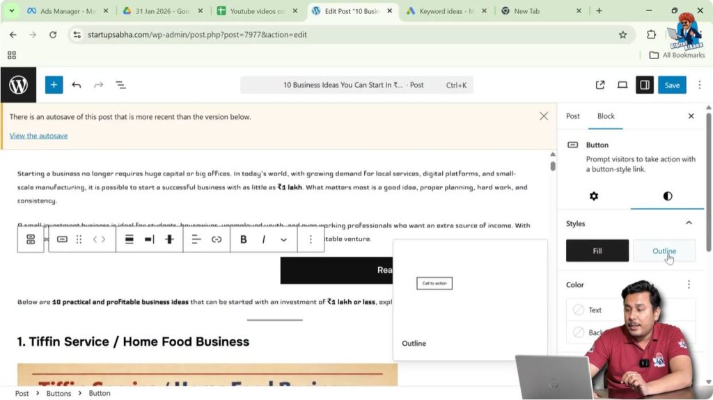 Outline button style option in WordPress button block settings