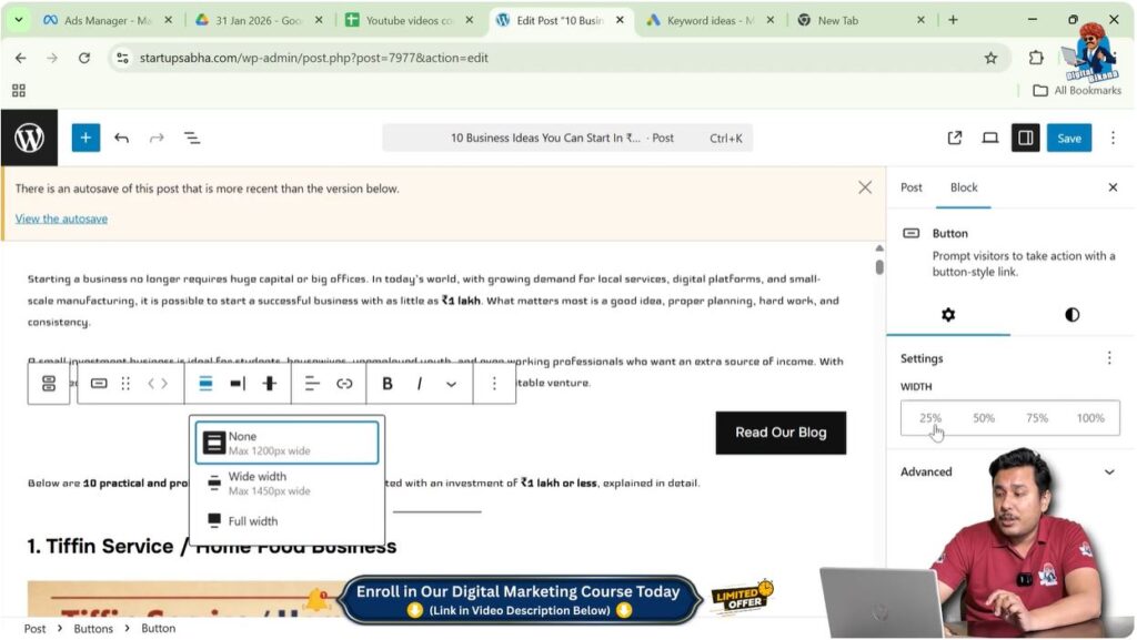 Adjusting button width percentage in WordPress block settings panel