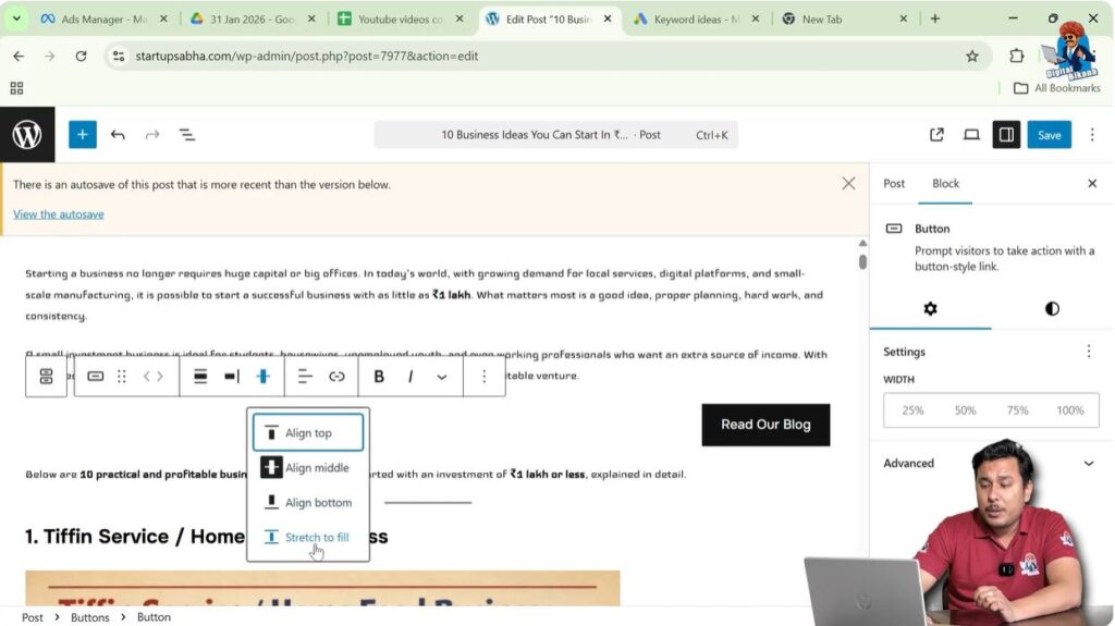 Vertical alignment options for button block in WordPress editor