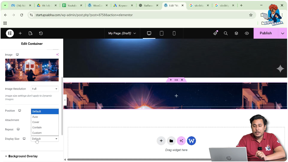 Setting background image display size to cover in Elementor