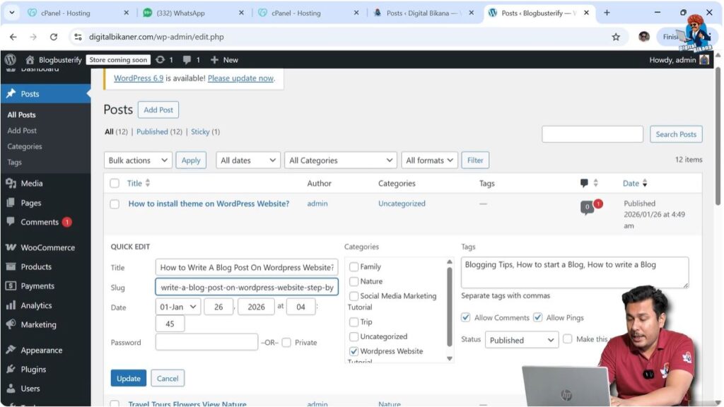 Changing blog post URL using Quick Edit slug option in WordPress