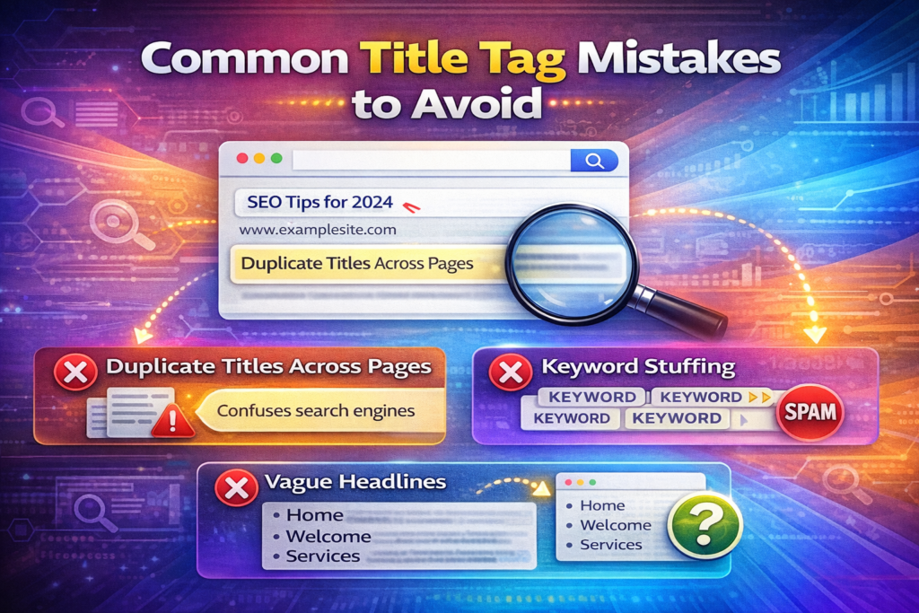 SEO warning graphic showing duplicate and keyword stuffed titles