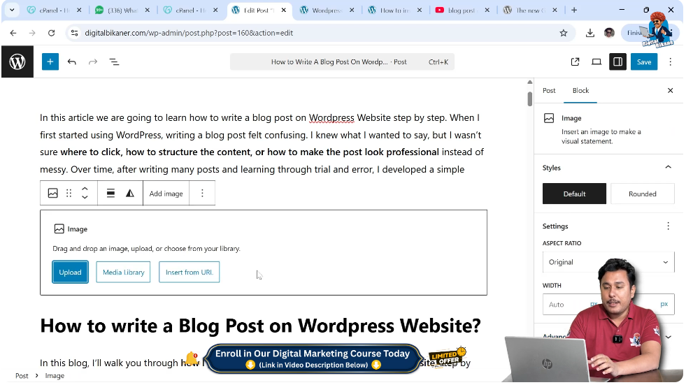 Selecting image block option in WordPress editor