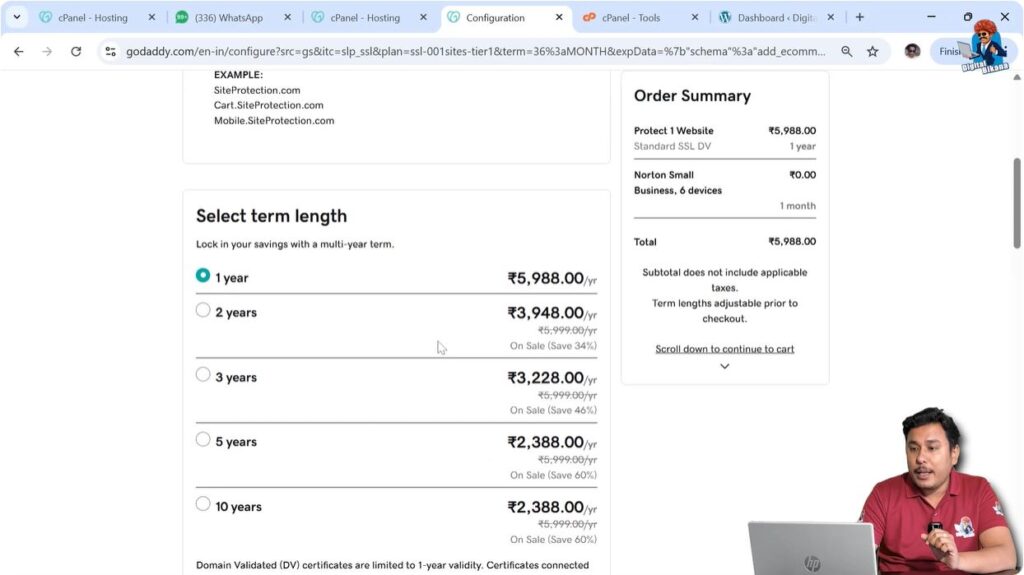Selecting SSL certificate duration for one year in GoDaddy