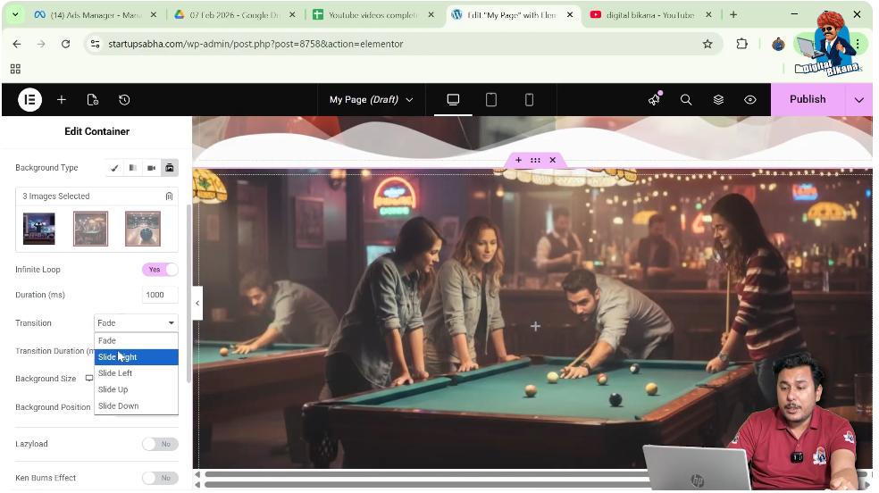 Background images sliding automatically in Elementor container slideshow