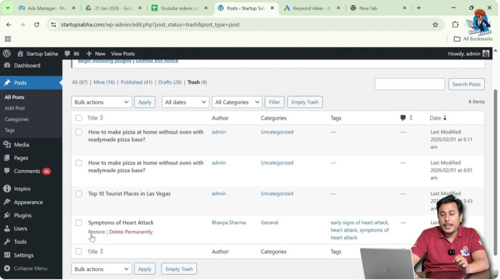 Restoring deleted blog post in WordPress using restore option