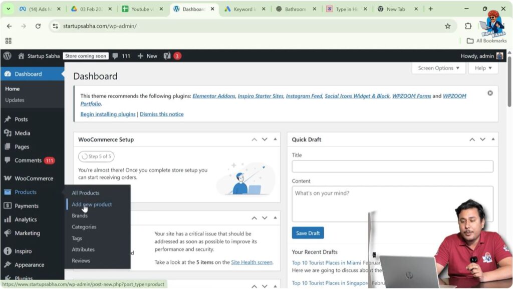 WordPress admin dashboard with Products menu visible in sidebar