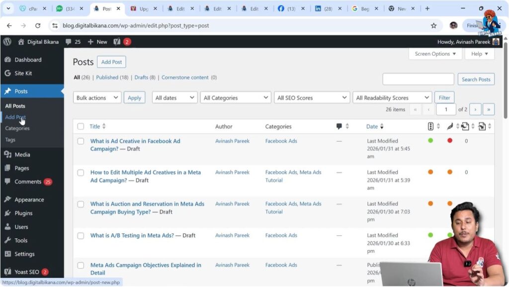 WordPress dashboard showing Posts section in left sidebar