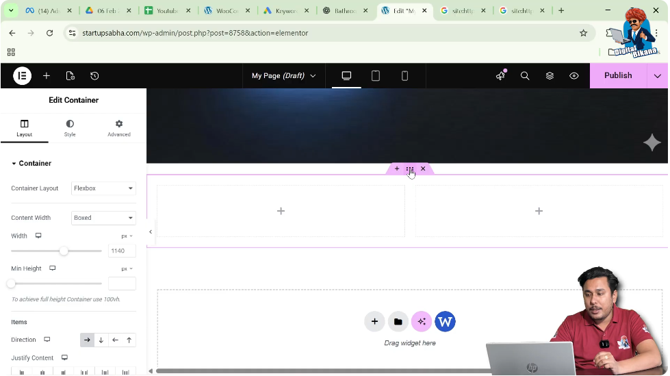Editing Flexbox container using six dots edit container option in Elementor
