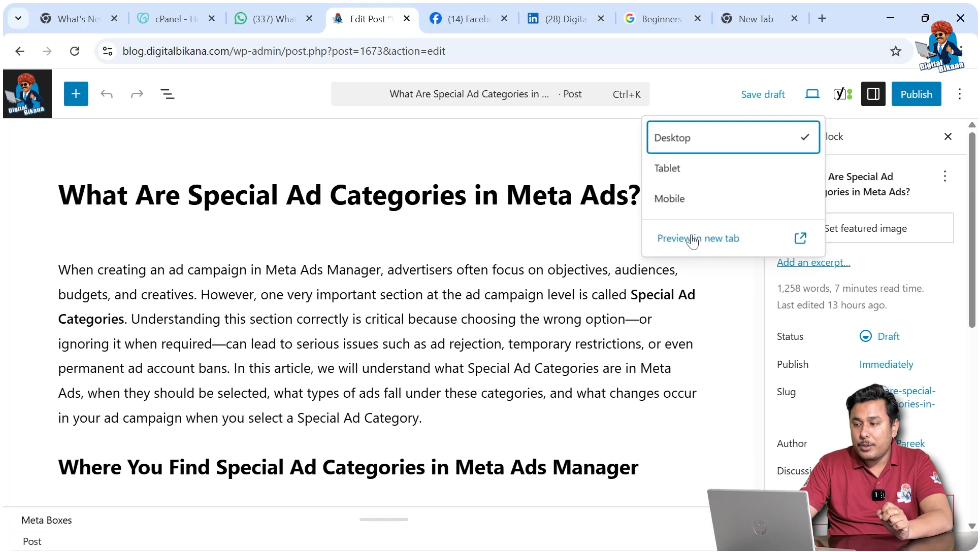Clicking preview in new tab option in WordPress editor