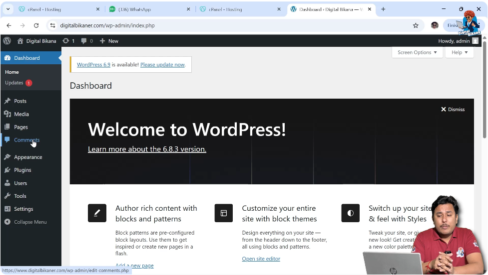 Comments section in WordPress dashboard showing user comments
