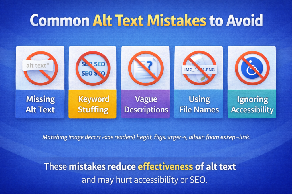 SEO warning graphic showing missing or keyword stuffed alt text